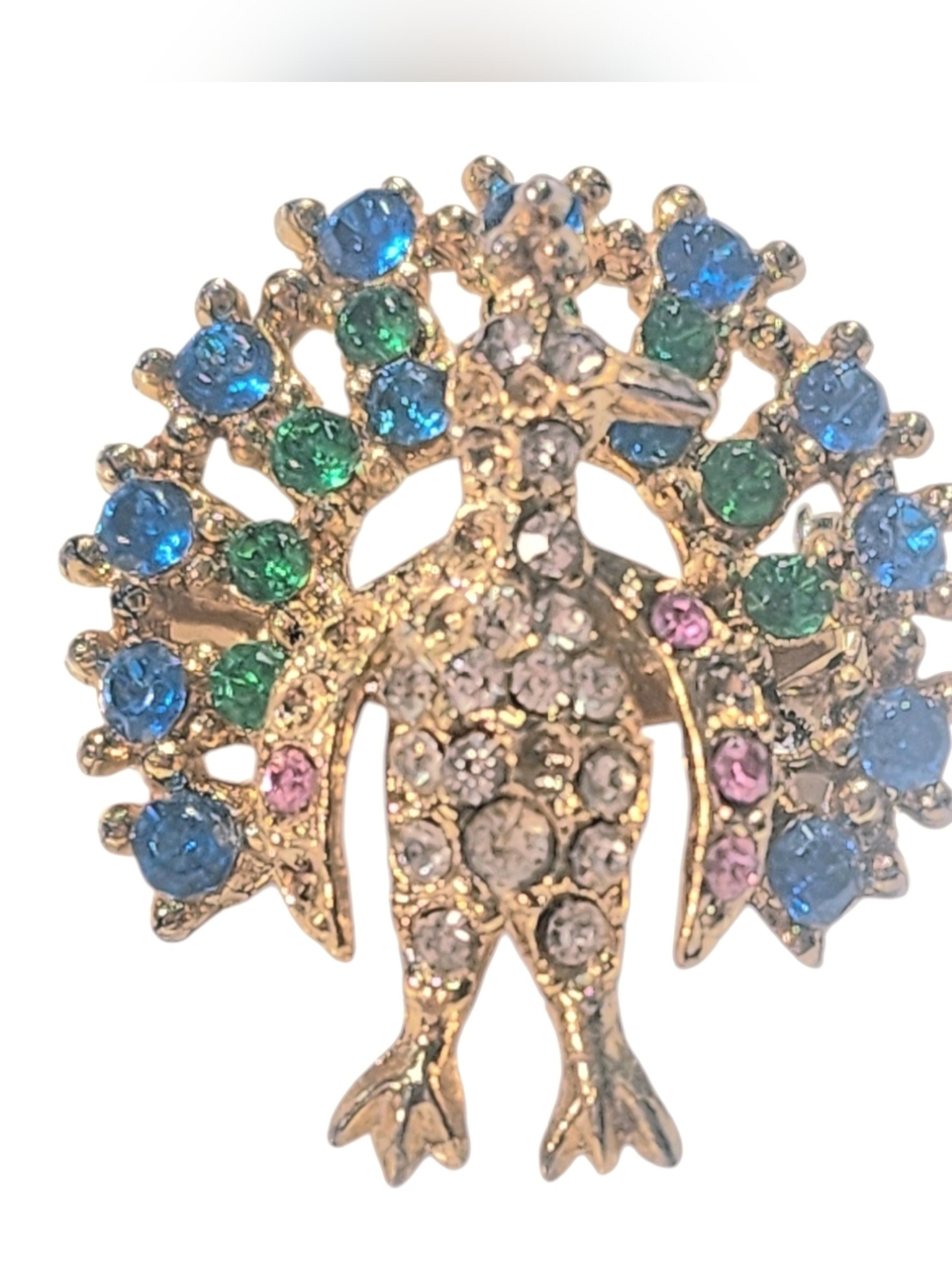 Vintage Gold Tone Multi-Color Rhinestone Peacock Brooch